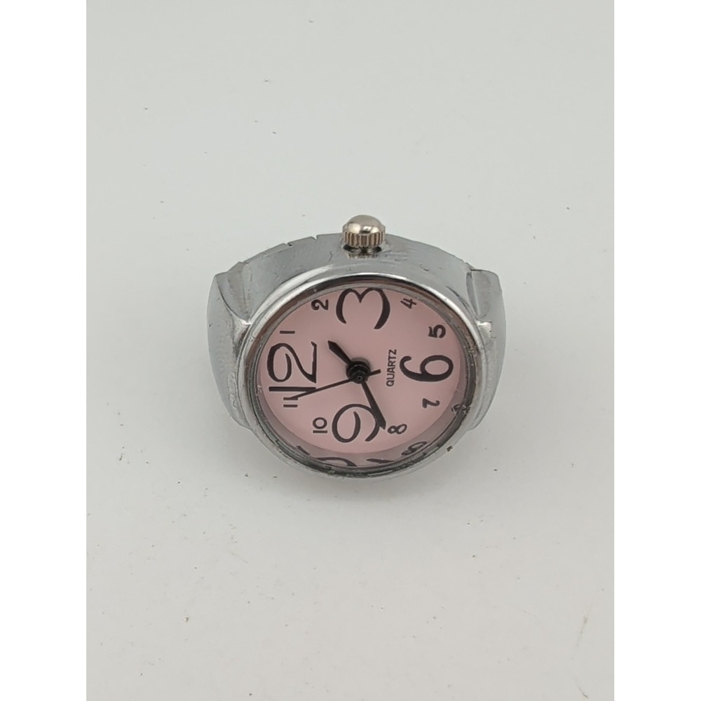 Stainless Steel Quartz Watch Ring Pink Dial Silver Stretch Band- New Battery